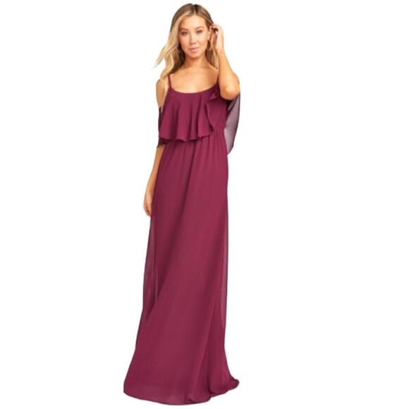 Show Me Your Mumu Merlot Chiffon Caitlin Ruffle Maxi Dress Size S - Picture 1 of 9